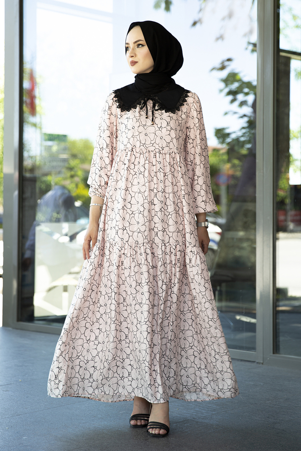 MD - Bebe Yaka Çiçek Desenli Elbise 100MD-10324 Toz Pembe
