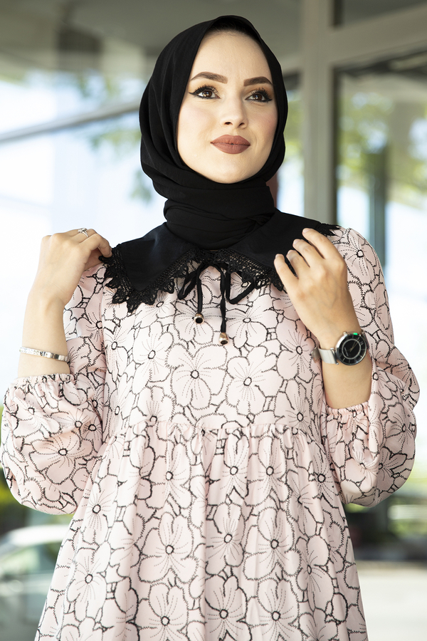 MD - Bebe Yaka Çiçek Desenli Elbise 100MD-10324 Toz Pembe (1)