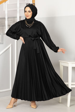 Begonya Pliseli Tesettür Elbise 100MD-10409 Siyah - Thumbnail