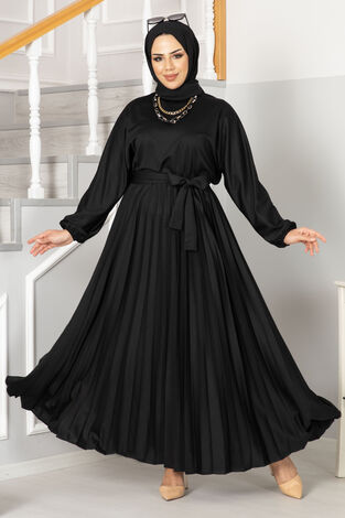Begonya Pliseli Tesettür Elbise 100MD-10409 Siyah - Thumbnail