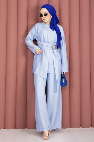 Bel Aksesuar Detaylı Tunik Pantolon İkili Takım Bebe Mavisi - Thumbnail