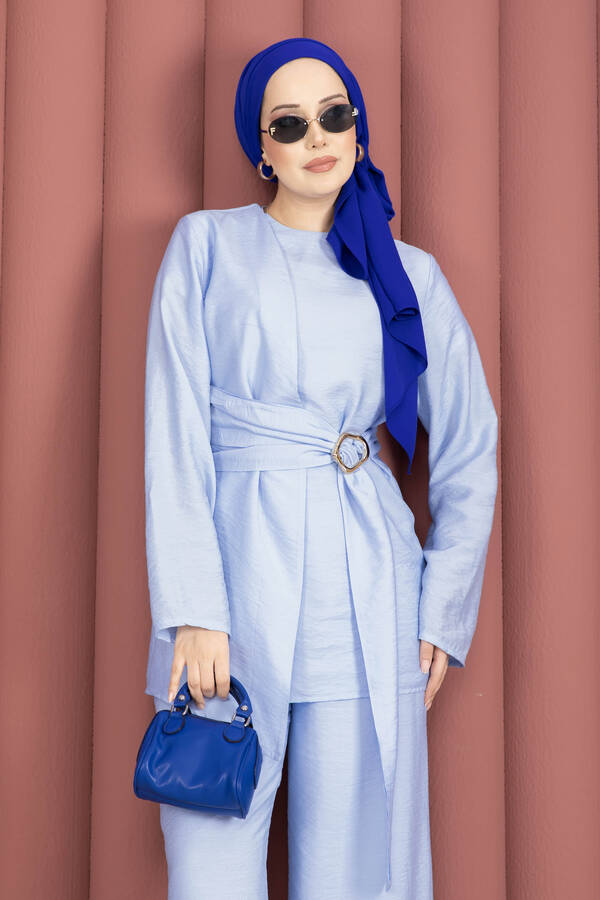 Ums - Bel Aksesuar Detaylı Tunik Pantolon İkili Takım Bebe Mavisi (1)