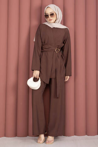 Bel Aksesuar Detaylı Tunik Pantolon İkili Takım Kahve - Thumbnail