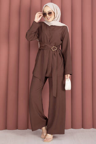 Bel Aksesuar Detaylı Tunik Pantolon İkili Takım Kahve - Thumbnail