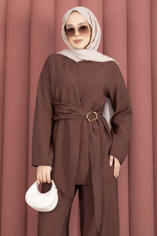 Bel Aksesuar Detaylı Tunik Pantolon İkili Takım Kahve - Thumbnail