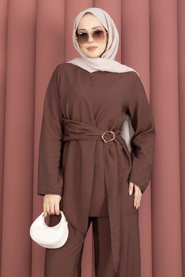 Ums - Bel Aksesuar Detaylı Tunik Pantolon İkili Takım Kahve (1)