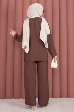 Bel Aksesuar Detaylı Tunik Pantolon İkili Takım Kahve - Thumbnail