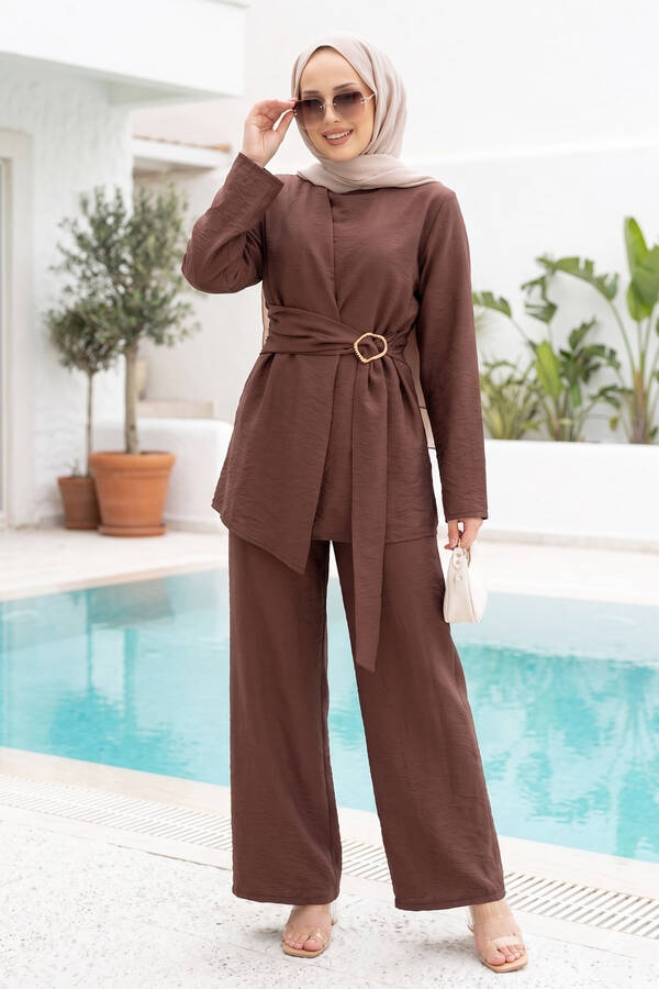 Ums - Bel Aksesuar Detaylı Tunik Pantolon İkili Takım Kahve