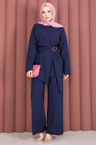 Bel Aksesuar Detaylı Tunik Pantolon İkili Takım Lacivert - Thumbnail