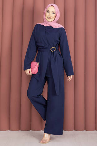 Bel Aksesuar Detaylı Tunik Pantolon İkili Takım Lacivert - Thumbnail