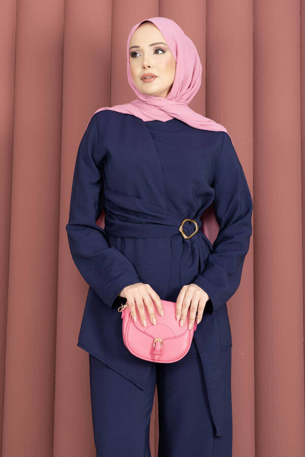 Ums - Bel Aksesuar Detaylı Tunik Pantolon İkili Takım Lacivert (1)