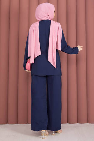 Bel Aksesuar Detaylı Tunik Pantolon İkili Takım Lacivert - Thumbnail