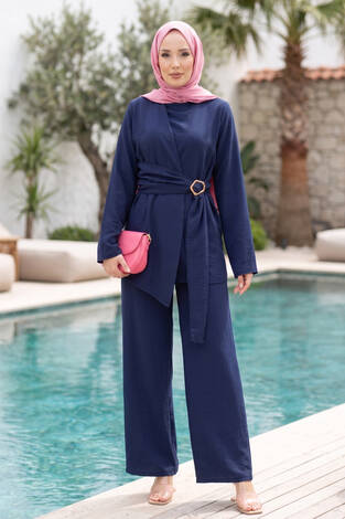 Bel Aksesuar Detaylı Tunik Pantolon İkili Takım Lacivert - Thumbnail