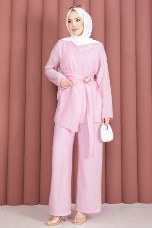 Bel Aksesuar Detaylı Tunik Pantolon İkili Takım Pembe - Thumbnail
