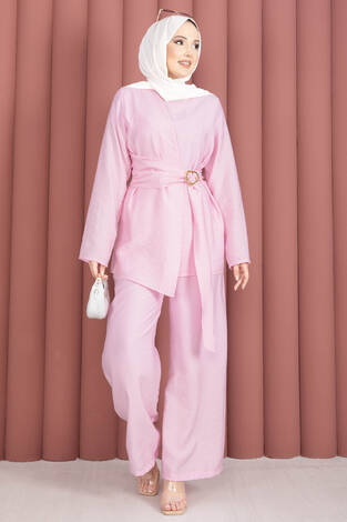 Bel Aksesuar Detaylı Tunik Pantolon İkili Takım Pembe - Thumbnail