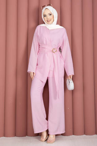 Bel Aksesuar Detaylı Tunik Pantolon İkili Takım Pembe - Thumbnail