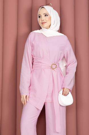 Bel Aksesuar Detaylı Tunik Pantolon İkili Takım Pembe - Thumbnail
