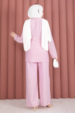 Bel Aksesuar Detaylı Tunik Pantolon İkili Takım Pembe - Thumbnail