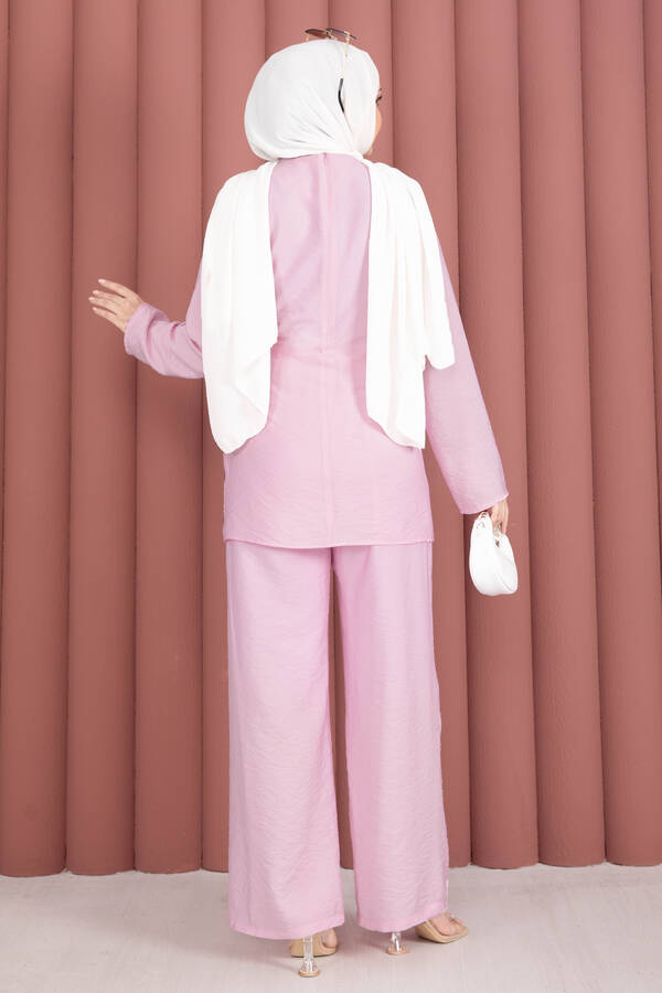 Bel Aksesuar Detaylı Tunik Pantolon İkili Takım Pembe - 6
