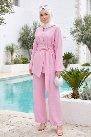 Bel Aksesuar Detaylı Tunik Pantolon İkili Takım Pembe - Thumbnail