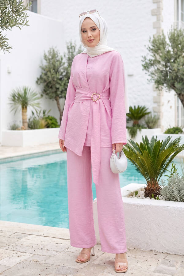 Ums - Bel Aksesuar Detaylı Tunik Pantolon İkili Takım Pembe