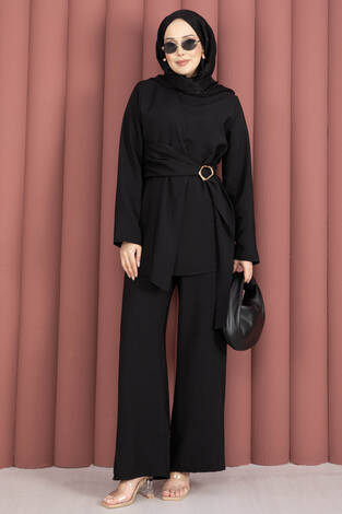Bel Aksesuar Detaylı Tunik Pantolon İkili Takım Siyah - Thumbnail