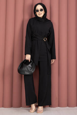 Bel Aksesuar Detaylı Tunik Pantolon İkili Takım Siyah - Thumbnail
