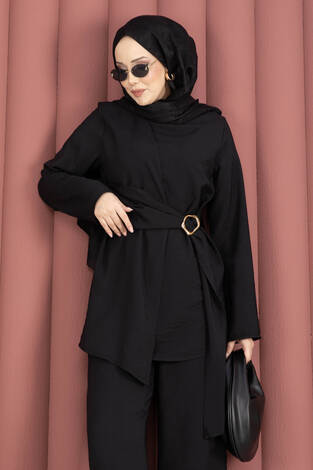 Bel Aksesuar Detaylı Tunik Pantolon İkili Takım Siyah - Thumbnail