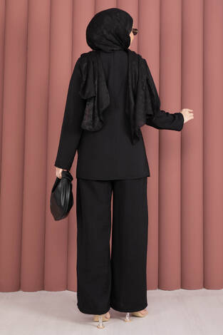 Bel Aksesuar Detaylı Tunik Pantolon İkili Takım Siyah - Thumbnail