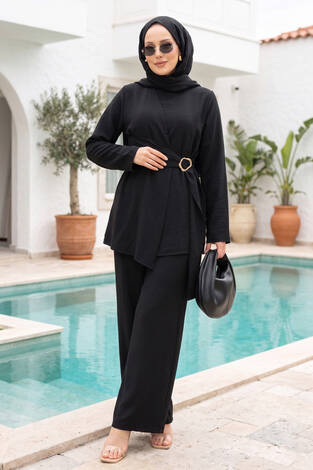 Bel Aksesuar Detaylı Tunik Pantolon İkili Takım Siyah