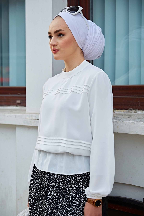 E - Bel Büzgülü Kısa Bluz 190E-20111 Beyaz (1)