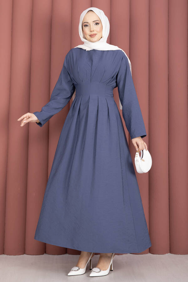 Bel Pileli Kuşak Detaylı Elbise Parlament Mavisi - 5