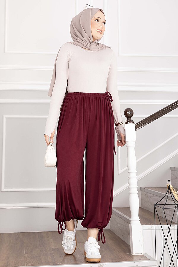 Bel Ve Paça Ayarlanabilir Şalvar Pantolon Bordo - 3