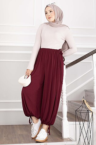 Bel Ve Paça Ayarlanabilir Şalvar Pantolon Bordo - 4