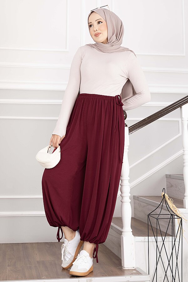 Bel Ve Paça Ayarlanabilir Şalvar Pantolon Bordo - 4