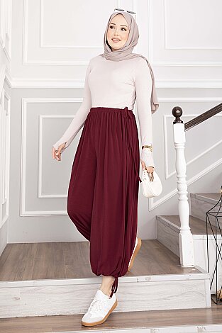 Bel Ve Paça Ayarlanabilir Şalvar Pantolon Bordo