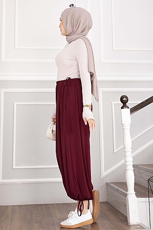 Bel Ve Paça Ayarlanabilir Şalvar Pantolon Bordo - 5