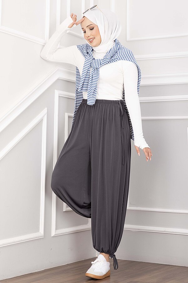 Bel Ve Paça Ayarlanabilir Şalvar Pantolon Füme - 3