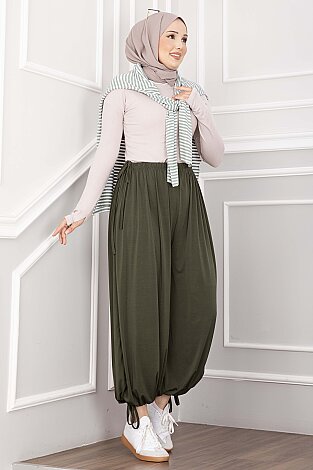 Bel Ve Paça Ayarlanabilir Şalvar Pantolon Haki - 3