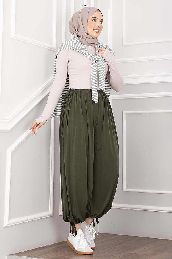 Bel Ve Paça Ayarlanabilir Şalvar Pantolon Haki - 3