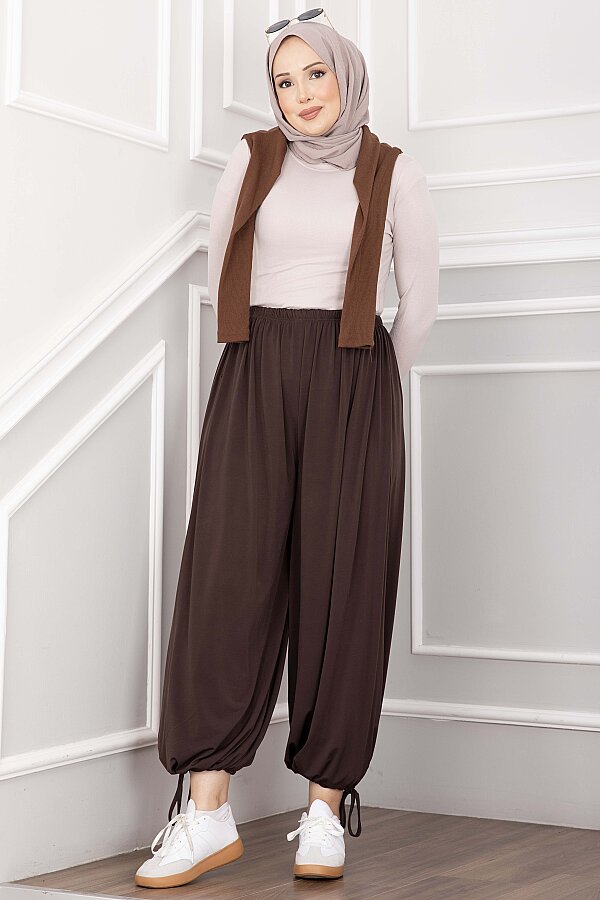 Bel Ve Paça Ayarlanabilir Şalvar Pantolon Kahve - 3