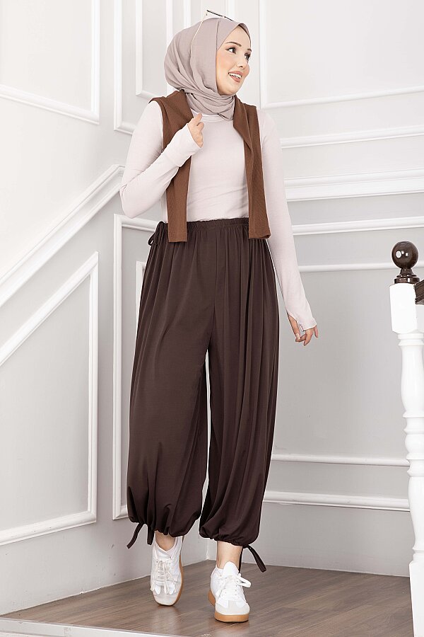 Bel Ve Paça Ayarlanabilir Şalvar Pantolon Kahve - 4