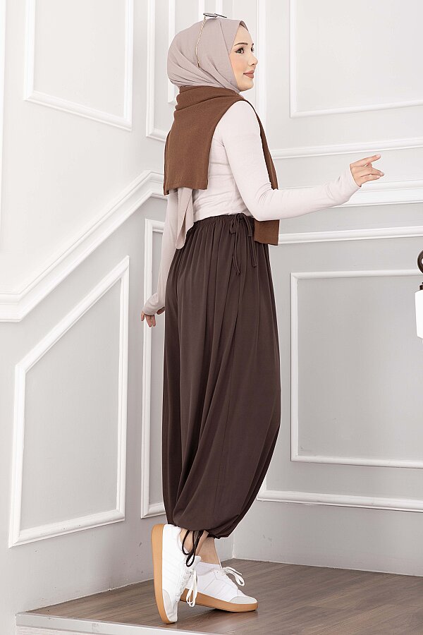 Bel Ve Paça Ayarlanabilir Şalvar Pantolon Kahve - 5