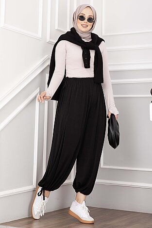 Bel Ve Paça Ayarlanabilir Şalvar Pantolon Siyah - 3