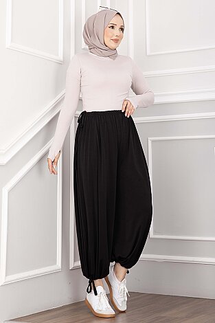 Bel Ve Paça Ayarlanabilir Şalvar Pantolon Siyah - 4