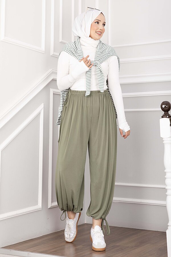 Bel Ve Paça Ayarlanabilir Şalvar Pantolon Yeşil Olive - 3