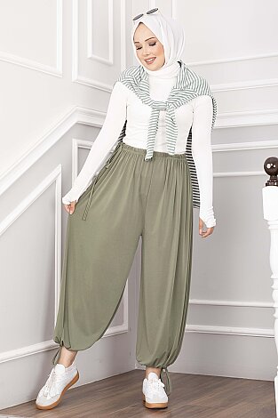 Bel Ve Paça Ayarlanabilir Şalvar Pantolon Yeşil Olive - 4