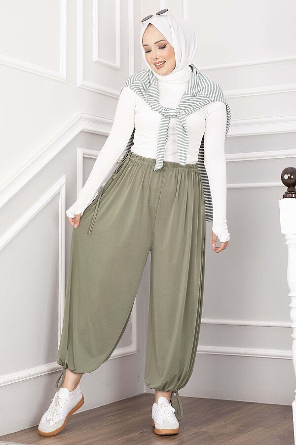 Bel Ve Paça Ayarlanabilir Şalvar Pantolon Yeşil Olive - 4
