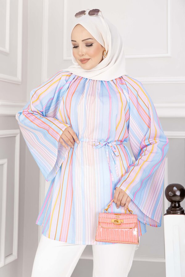 MD - Belden Bağcıklı Güncel Desen Etek Ve Pantolon Üstü Tunik Bebe Mavisi