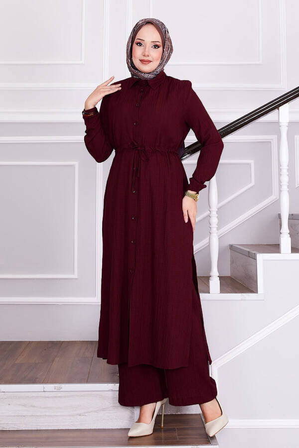 Belden Bağlamalı Pantolonlu Tesettür Takım Bordo Belden Bağlamalı Pantolonlu Tesettür Takım Bordo